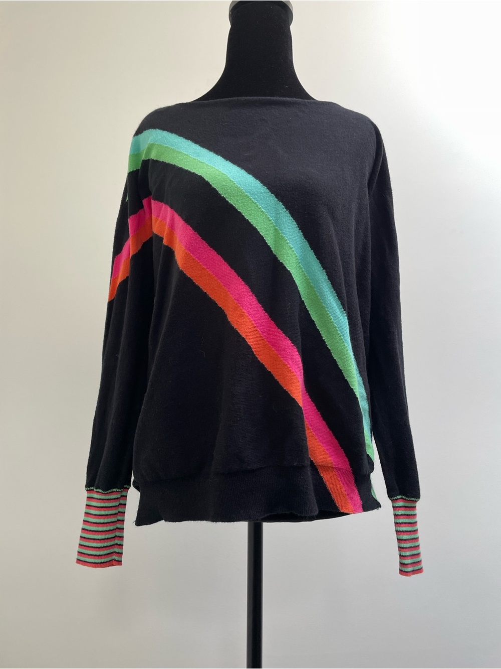 Zaket & Plover Cotton Sweater With Touch of Cashmere Black Rainbow Stripe Size M
